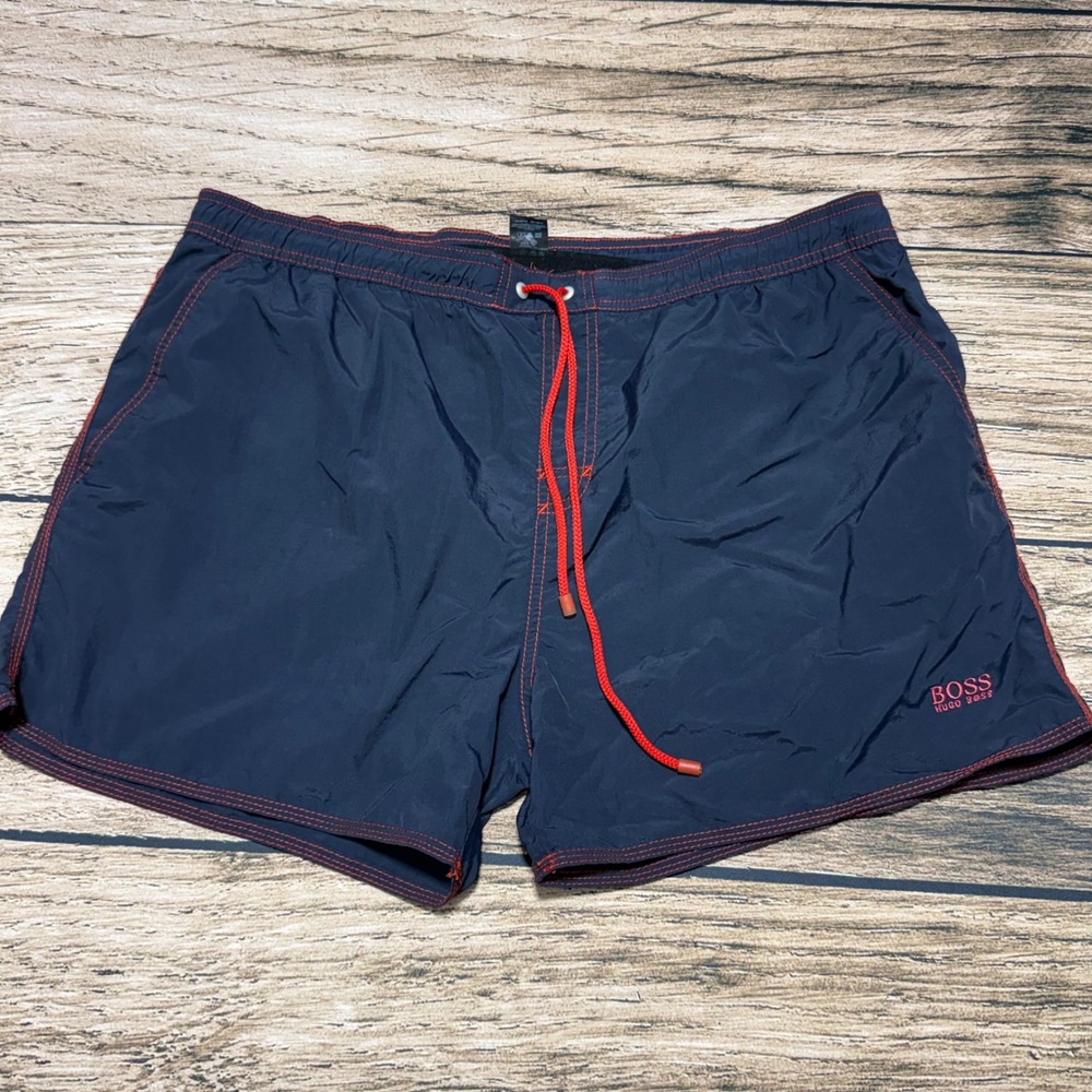 BOSS Hugo Boss Swim Trunks Mens XXL Navy Blue Red Contrast Stitching Beachwear